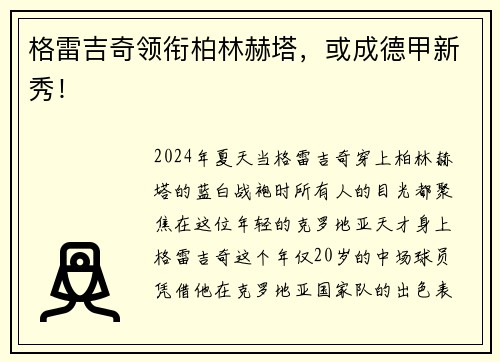 格雷吉奇领衔柏林赫塔，或成德甲新秀！