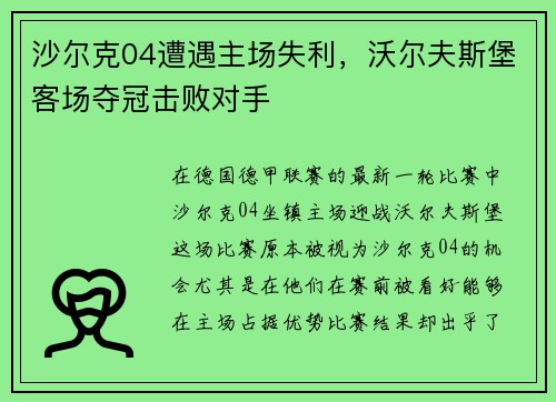 沙尔克04遭遇主场失利，沃尔夫斯堡客场夺冠击败对手