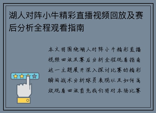 湖人对阵小牛精彩直播视频回放及赛后分析全程观看指南