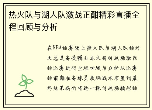 热火队与湖人队激战正酣精彩直播全程回顾与分析