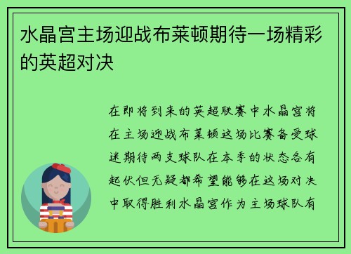 水晶宫主场迎战布莱顿期待一场精彩的英超对决