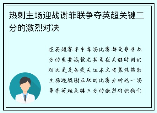 热刺主场迎战谢菲联争夺英超关键三分的激烈对决