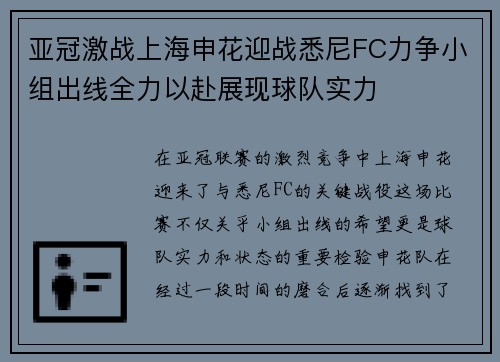 亚冠激战上海申花迎战悉尼FC力争小组出线全力以赴展现球队实力