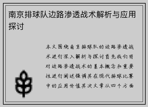 南京排球队边路渗透战术解析与应用探讨