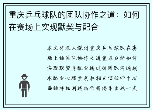 重庆乒乓球队的团队协作之道：如何在赛场上实现默契与配合